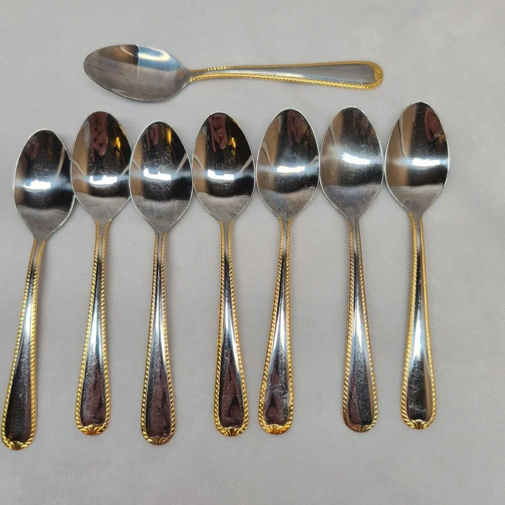 International Stainless China Teaspoons 8 Piece Set Rope Edge Gold Trim 6.25in